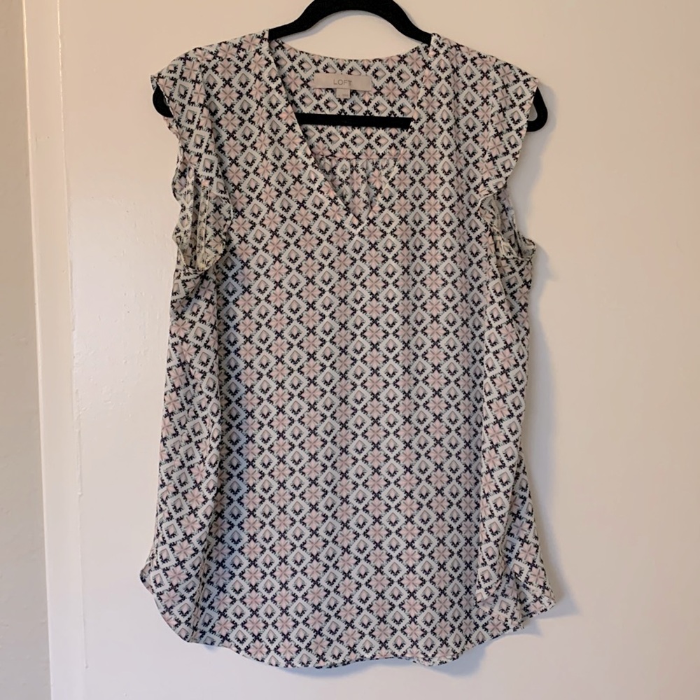 Loft white/pink/green/navy patterned sleeveless v-neck blouse - size Large